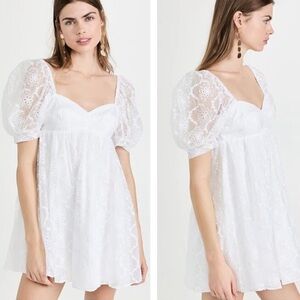 Amanda Uprichard Candia Embroidered Eyelet Puff Sleeve Babydoll Mini Dress White